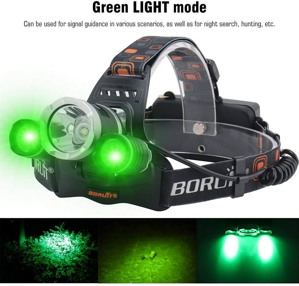 BORUIT RJ-3000 LED Green Headlamp,3 Modes White and Green LED Hunting Headlight